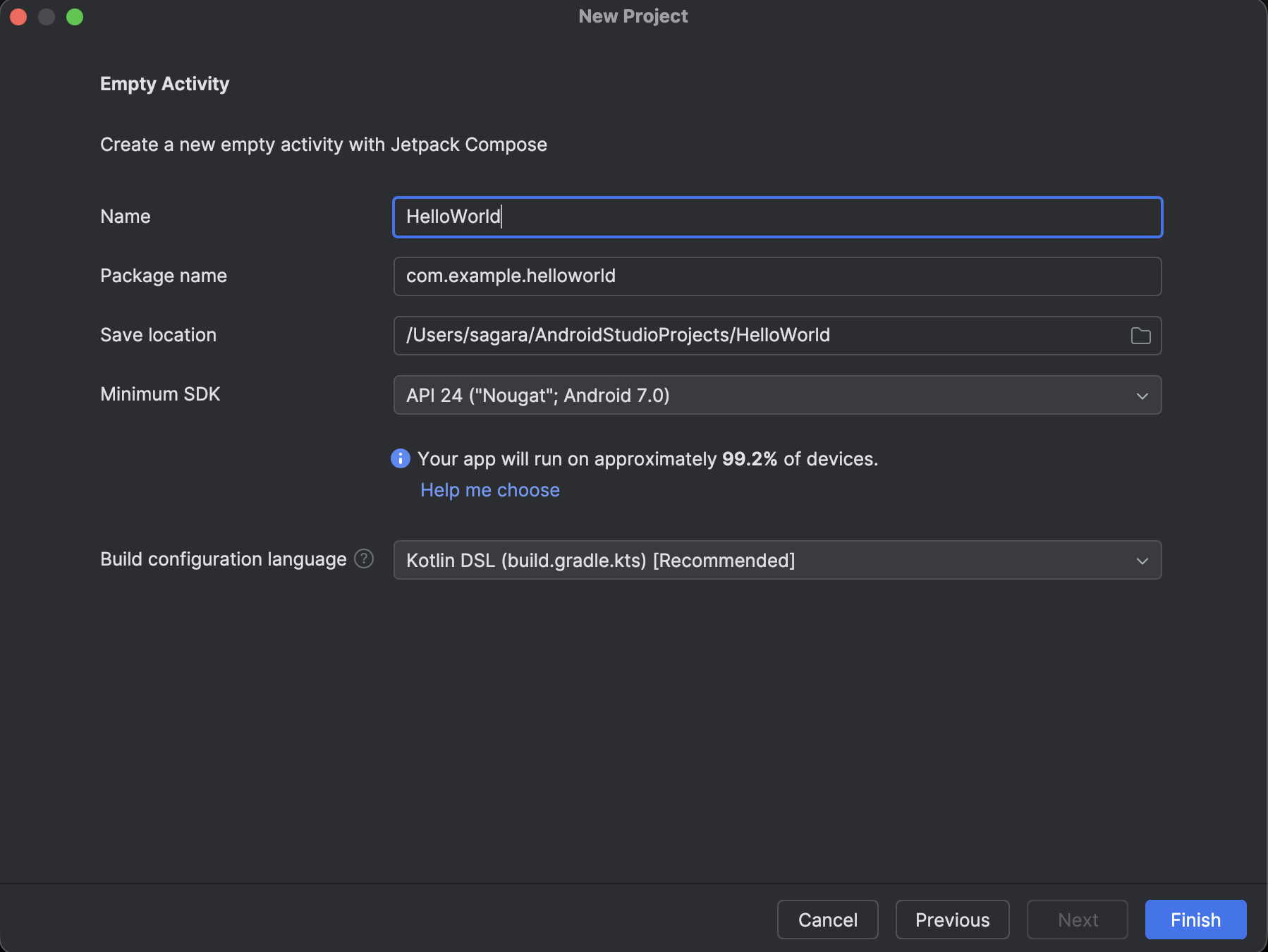 Form konfigurasi project dengan field Name, Package, Location, dan Language