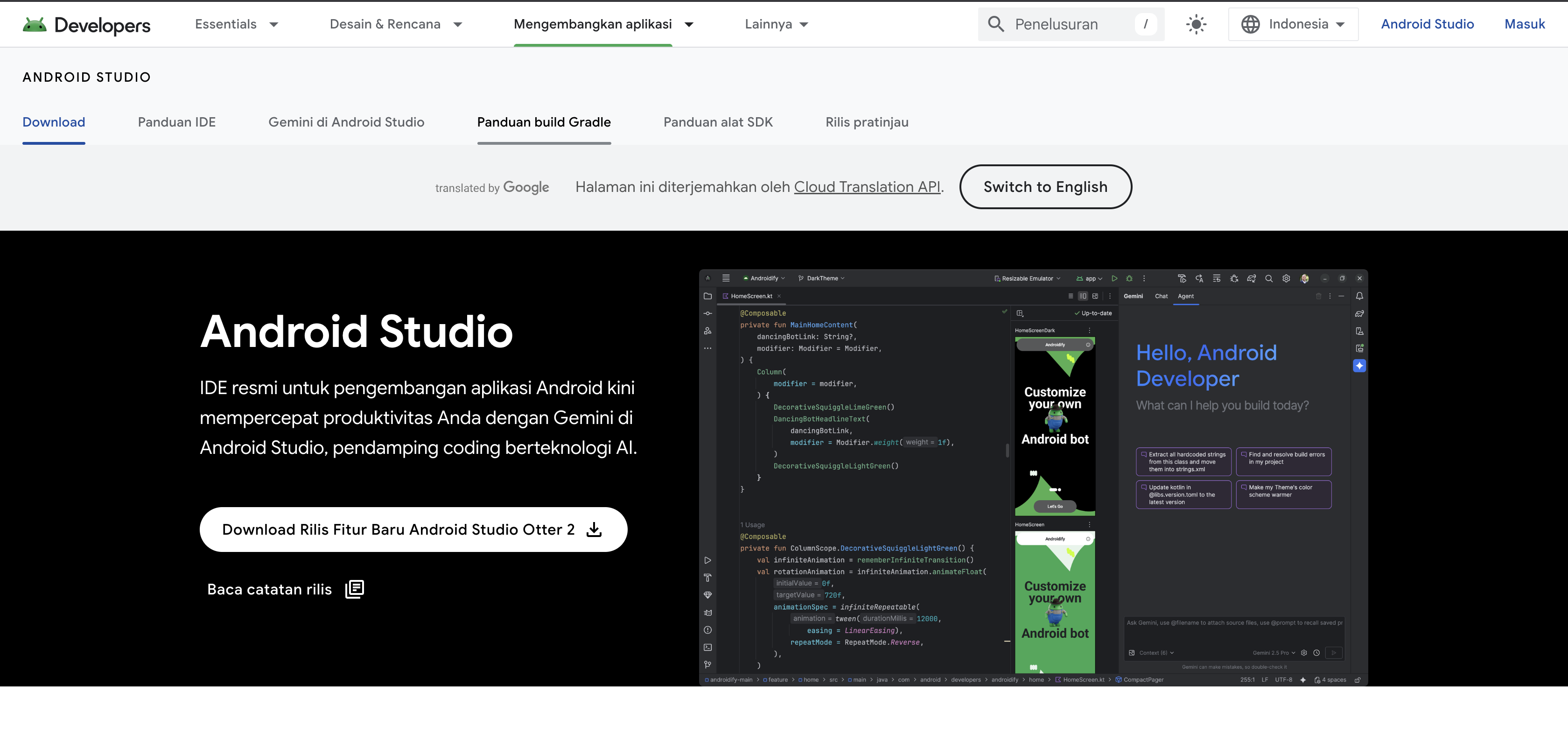 Homepage Android Studio menampilkan tombol download besar di bagian tengah halaman
