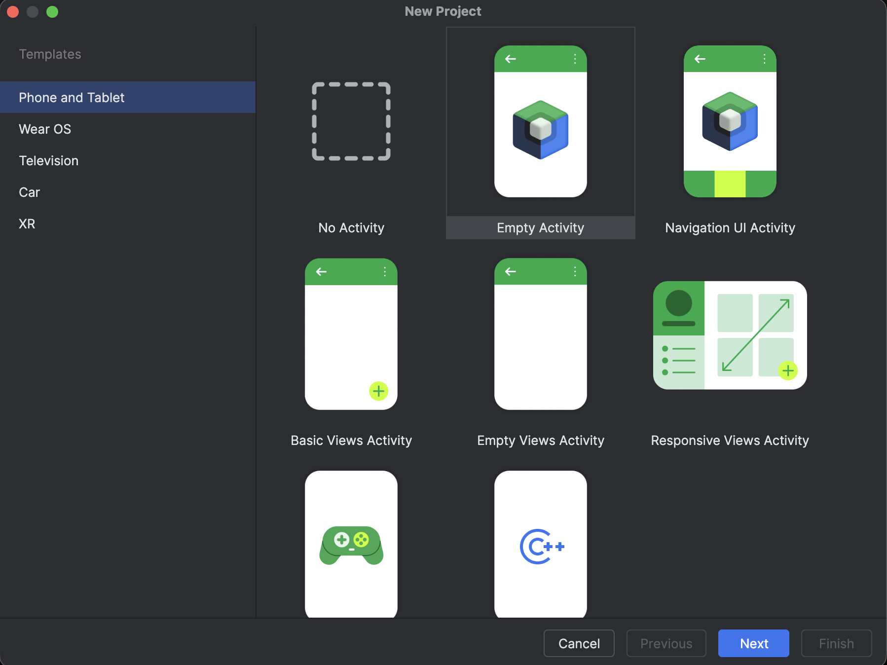 Daftar template project Android Studio dengan Empty Activity dipilih