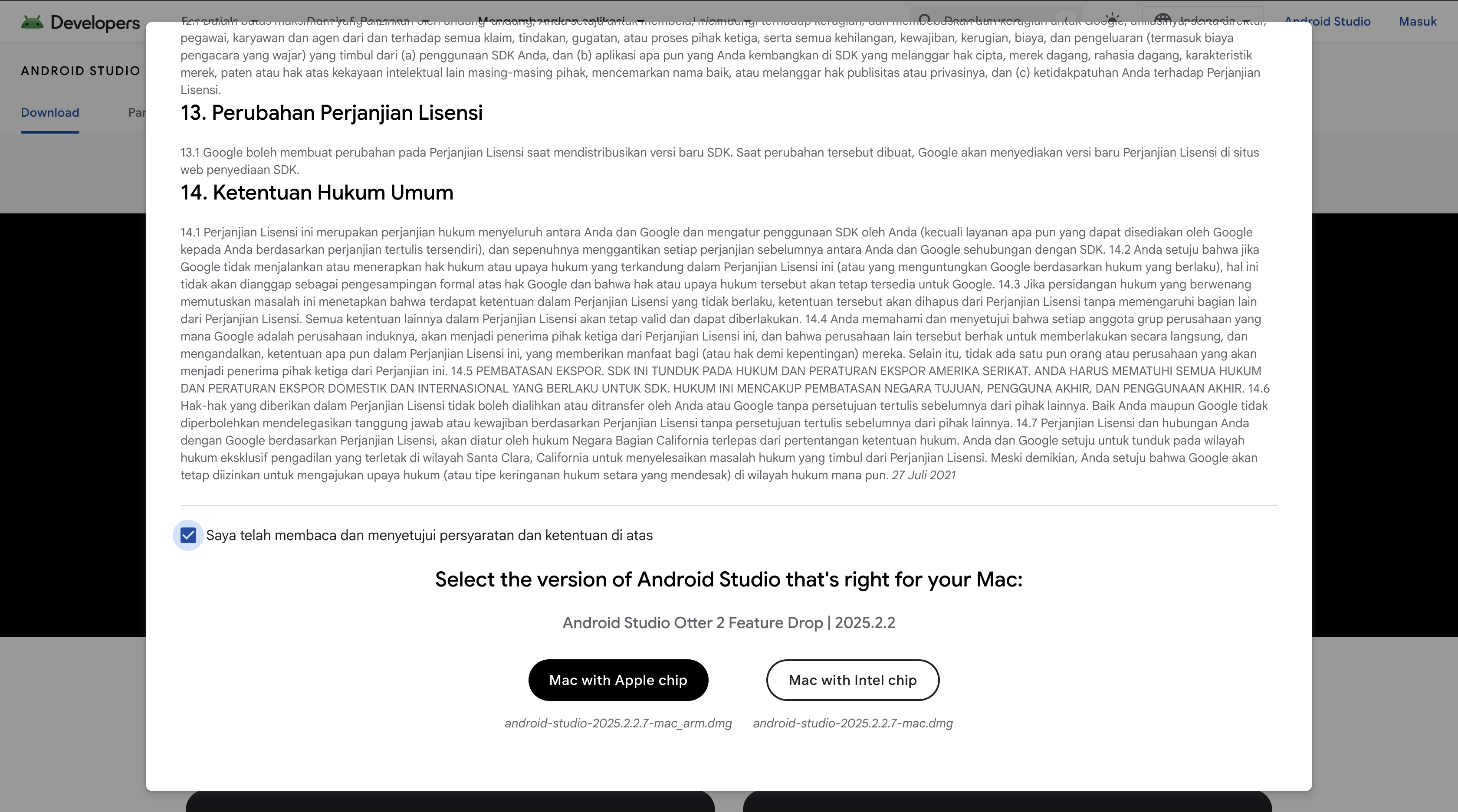 Dialog terms and conditions Android Studio dengan checkbox untuk menyetujui persyaratan