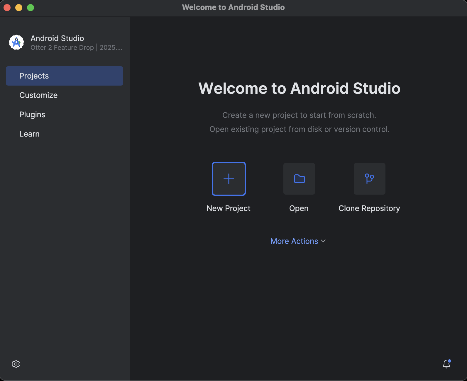 Welcome screen Android Studio dengan opsi untuk membuat project baru